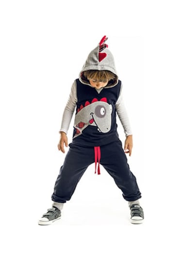 Denokids Dino Kolsuz Yelekli Eşofman Takım - Gri - Siyah - Kırmızı