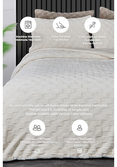 Kürk Yatak Örtüsü Yorgan Uyku Seti Tek Kişilik Çarşaflı Peluş Yumuşak Dolgulu Rody 3 Parça Krem
