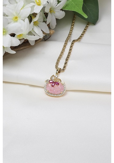Pembe Taşlı Bombeli Çelik Kolye Çok Renkli