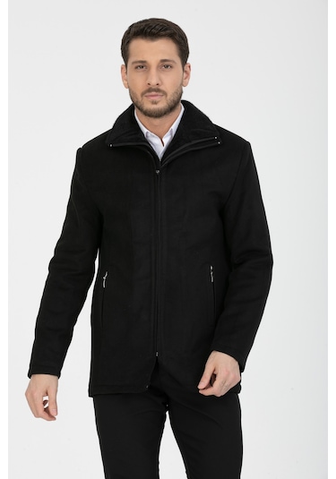 Erkek Siyah Yün Karışım Çift Yaka Kürklü Önü Fermuarlı Kaşe Kaban Siyah