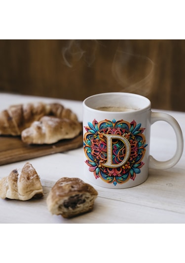 D Harfi Boho Bardak, Renkli Özel Tasarım Hediyelik Harfli Kupa, 330ml Porselen Beyaz