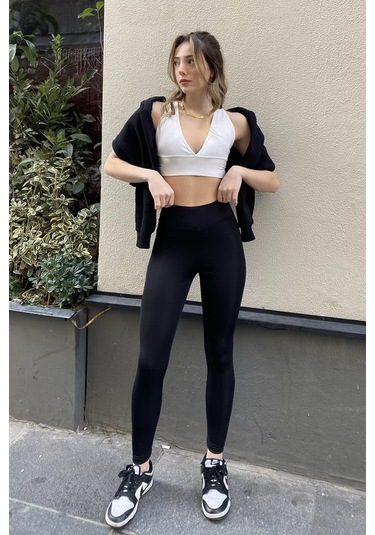 Siyah Yüksek Bel Toparlayıcı Spor Tayt Siyah