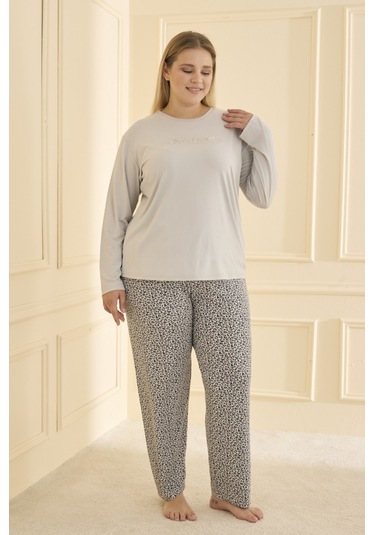 Mihra Kadın Pijama Takımı Büyük Beden & Battal Uzun Kol Gri