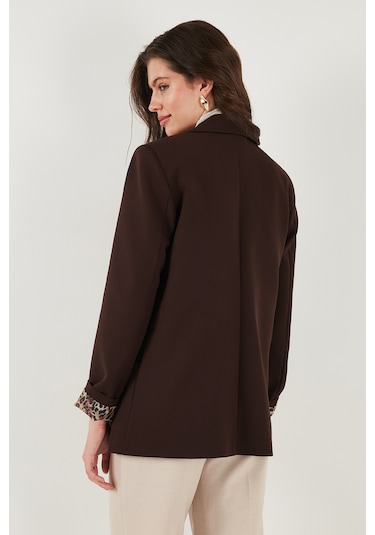 Lela Standart Fit Mono Yaka Desenli Astar Detaylı Blazer Bayan Ceket 6524003 Kahve