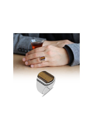 Flat Tasarım Kaplan Gözü Taşlı 925 Ayar Gümüş Erkek Yüzük (457819398)