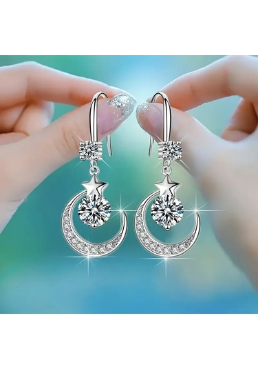 Parlak Taşlı Ay Ve Yıldız Temalı Sallanan Küpe Gümüş