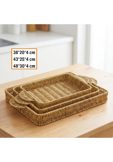 Buffer İç İçe Geçebilen 3 Lü Dikdörtgen Plastik Rattan Tepsi Seti Hasır Görünümlü