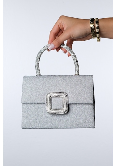 Valeria Gümüş Simli Taşlı Kadın El Çantası Gümüş Sim
