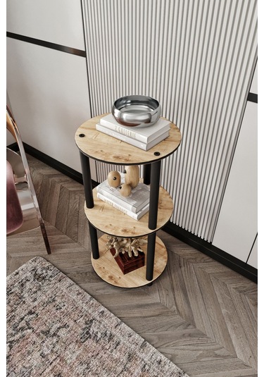 3 Katlı Dekoratif Yuvarlak Kitaplık Meşe Meşe