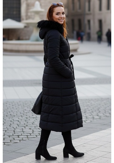 Günlük Kışlık Tam Boy Kürklü Kadın Siyah Şişme Mont Siyah
