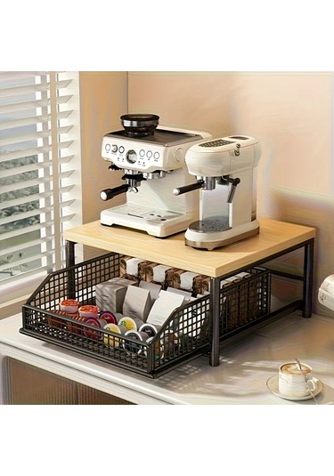 Honeybeeshop Siyah Metal Çerçeveli Ahşap Mikrodalga Rafı 37x26 Cm Çekmeceli Tezgah Düzenleyici