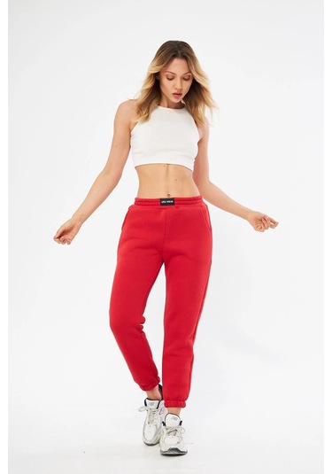 Lesa Wear Yüksel Bel Jogger Şardonlu Eşofman Altı Paçası Lastikli Kırmızı