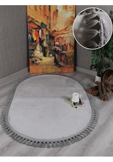 My Evilla Modern Dekoratif Kaymaz Taban Rabbit Oval Örgü Saçaklı 001