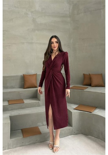 Neşeli Butik Kadın Bordo Anvelop Büzgülü Simli Premium Midi Elbise Nbelb08 Bordo