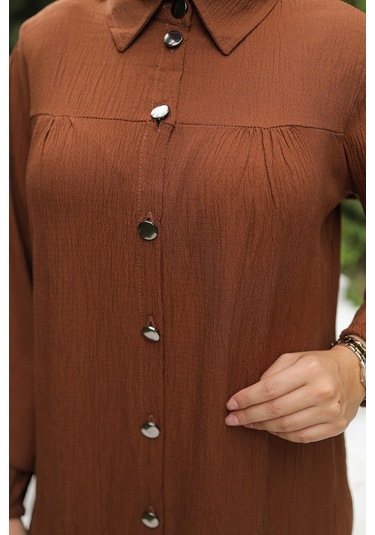 Büzgü Detaylı Tesettür Kahverengi Takım Kahverengi