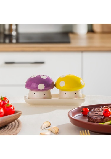 Porsima Mıo-037 Mantar Motifli 2li Standlı Tuzluk Biberlik Seti Çok Renkli