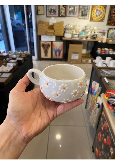 Seramik El Yapımı Fincan Takımı 2'li Set Papatya Desenli, Tabaklı Beyaz - Sarı