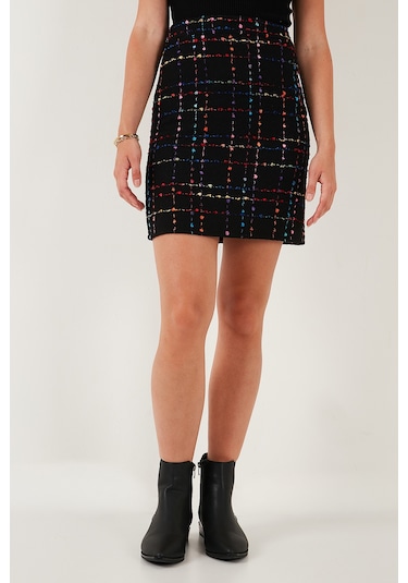 Lela Tüvit Desenli Slim Fit Yüksek Bel Mini Boy Bayan Etek 5866436 Siyah