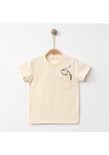 Bebolly T-shirt Uykucu Kedi Baskılı Bej Açık Bej