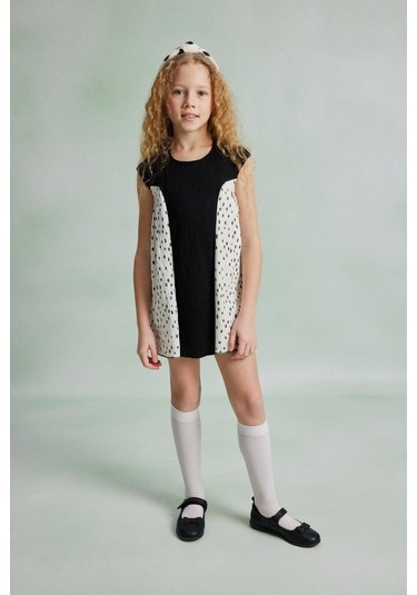 Luess Kız Çocuk Regular Kalıp Desenli Elbise-siyah-beyaz Beyaz - Siyah