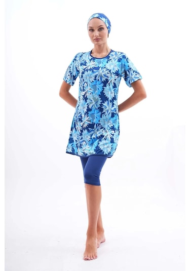 Aslınur Likralı Lacivert Desenli Yarı Kapalı Kadın Tesettür Mayo Lacivert - Mor