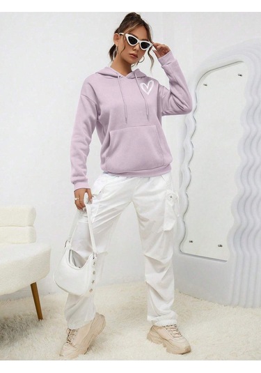 Unisex Kadın/Erkek Kalp Desenli Kanguru Cepli Düşük Omuz Ipli Kapüşonlu Üst