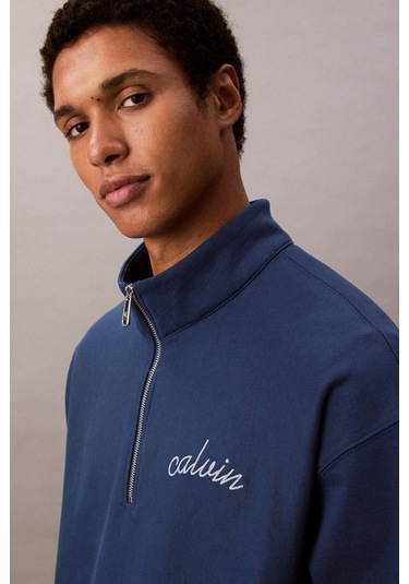 Erkek Yarım Fermuarlı Logolu Sweatshirt - Mavi-8783 Blue Jean