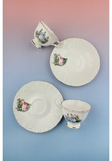 Altın Yaldızlı Markis 2 Kişilik Kahve Fincan Takımı Beyaz - Altın