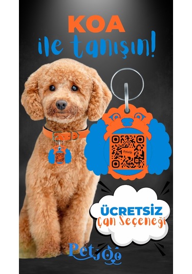 Petjoo 14.Koa Mavi-Turuncu Qr'lı Köpek Künyesi