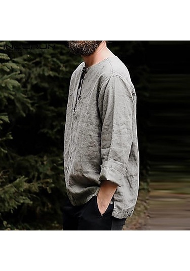 Incerun %100 Pamuk Erkek Uzun Kollu Bağcıklı Gömlek Vintage Düz Renk Rahat Gömlek Üstleri S-xxxxxl Açık Gri
