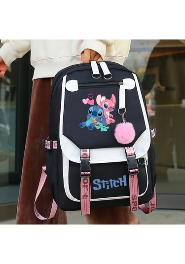 Honeybeeshop Disney Stitch Siyah 2 Büyük Kapasiteli Sırt Çantası Pembe Ve Siyah Tasarım Stitch Lilo İllüstrasyonlu Hafif Polyester Seyahat Çantası Siyah 2