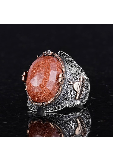 925 Ayar Gümüş Erkek Yüzüğü, Kahverengi Güneştaşı Oluşturulmuş Taş Yüzük Gümüş