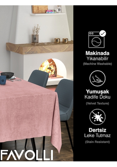 Kadife Dokulu Açık Pembe Renk Masa Örtüsü Açık Pembe