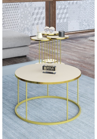 Orta Sehpa Ve Zigon Sehpa Terra Set Gold Krem