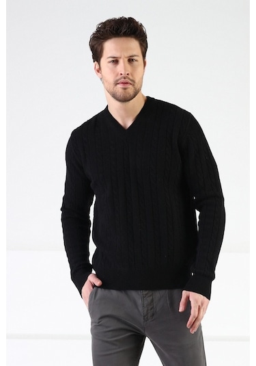 Ferraro Siyah V Yaka %100 Kuzu Yünü Erkek Kazak Siyah