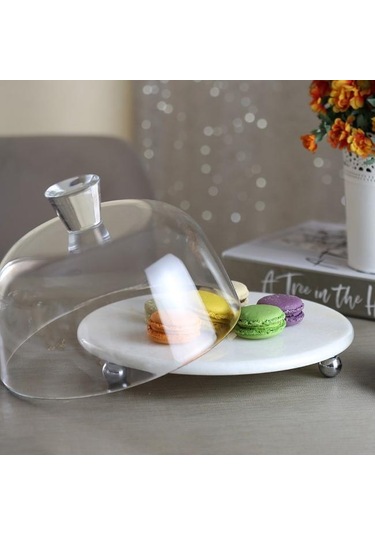 Akayev Mermer Beyaz 25 Cm Gümüş Boncuk Ayak Cam Fanus