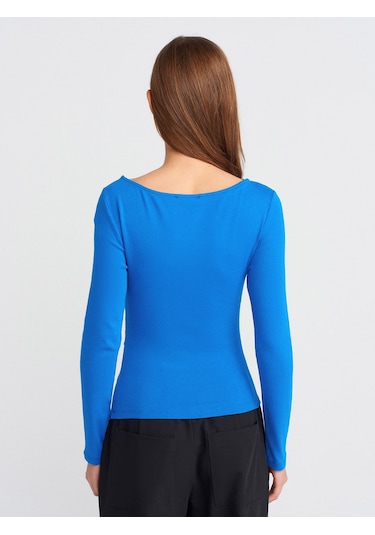 Dilvin 31401 Büzgülü Kayık Yaka Top-saks Saks