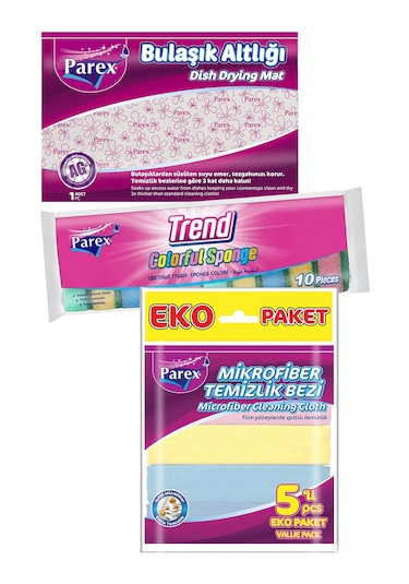 Düz 10'lu Sünger, Bulaşık Altlığı Ve Mikrofiber 5'li Temizlik Bezi Paketi