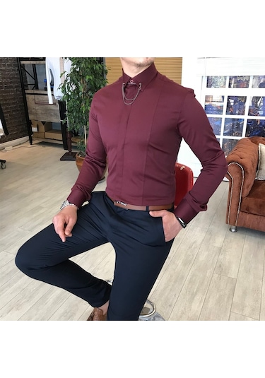 Italyan Kesim Slim Fit Erkek Saten Bordo Zincirli Gömlek T4099