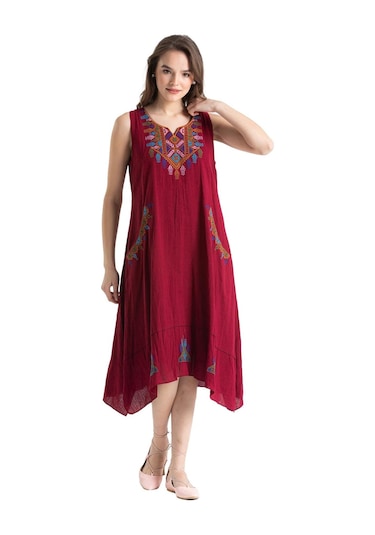 Kolsuz Şile Bezi Antik Nakışlı Midi Boy Elbise Bordo Brd-bordo Bordo