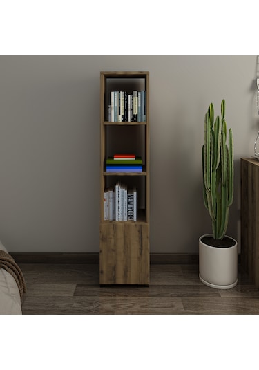 Kuzey 4 Raflı, Kapaklı Minimal Beyaz Kitaplık Antik Ceviz
