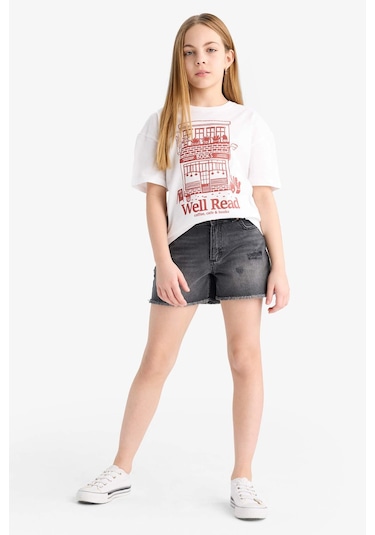 DeFacto Relax Fit Bisiklet Yaka Baskılı Kısa Kollu Kız Çocuk Tişört E0355A825SMWT34 - Beyaz