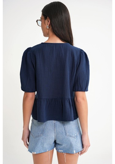 4713 Kadın Beli Büzgülü Kolu Lastikli Bol Müslin Bluz Lacivert Lacivert