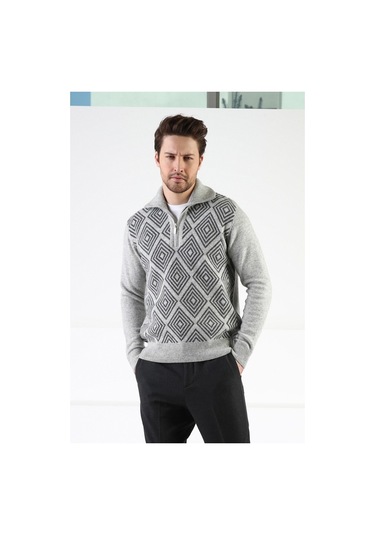 Ferraro A.Gri Kare Desenli Dik Yaka %100 Kuzu Yünü Erkek Kazak Açık Gri (536161019) Açık Gri