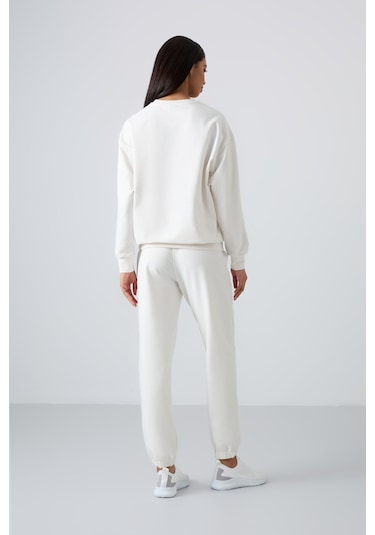 Tommy Life Ekru Basic Pamuklu O Yaka Oversize Lastik Paça Kadın Eşofman Takım - 95287 Ekru