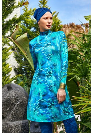 Likralı Tam Kapalı Tesettür Mayo Desenli 3102 Açık Lacivert Açık Lacivert