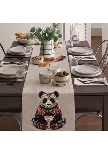 Renkli Panda Runner, Runer, Masa Örtüsü, Sofranıza Zarafet Katın Runner, Masa Örtüsü Krem