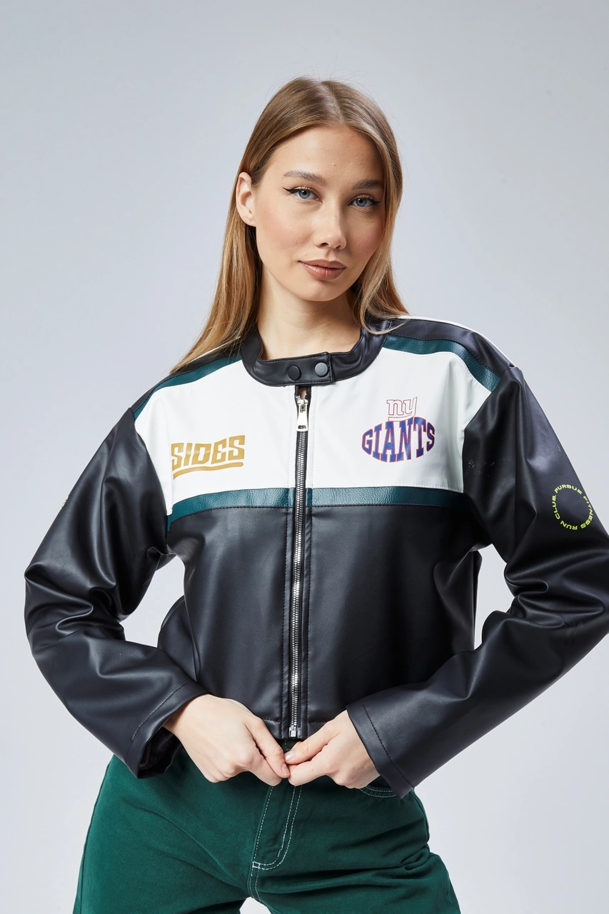Kadın Oversize Baskılı Deri Şeritli Motorcu Montu Kısa Fermuarlı Yarışçı Ceketi Bomber Kolej Mont Yeşil