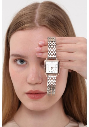 Daisy Rose Gümüş Kordon Kare Kasa Roma Rakam Kadın Kol Saat Rose Gold