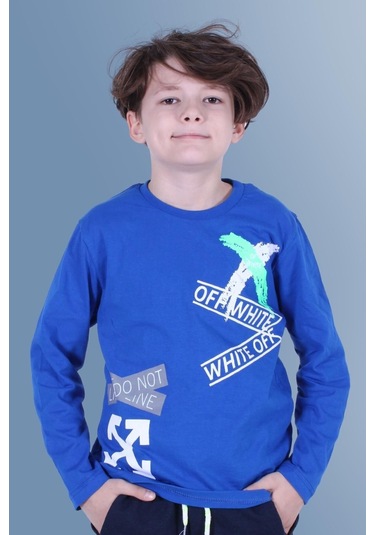 X Baskılı Uzun Kollu Erkek Çocuk Indigo Sweatshirt İndigo